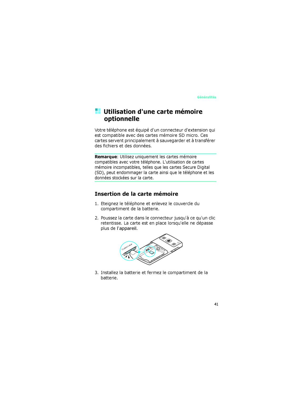 Samsung SGH-I320ZKADIX, SGH-I320ZKAXEF manual Utilisation dune carte mémoire optionnelle, Insertion de la carte mémoire 