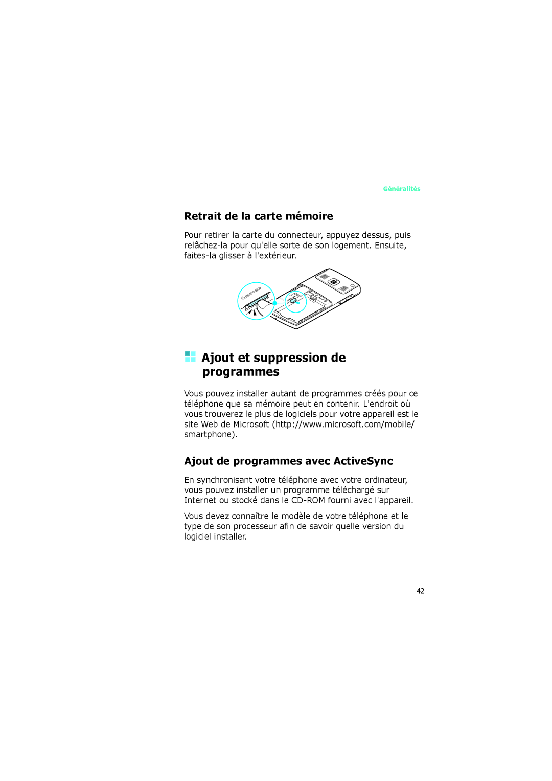 Samsung SGH-I320ZKAXEF, SGH-I320ZKAFTM, SGH-I320ZKADIX manual Ajout et suppression de programmes, Retrait de la carte mémoire 