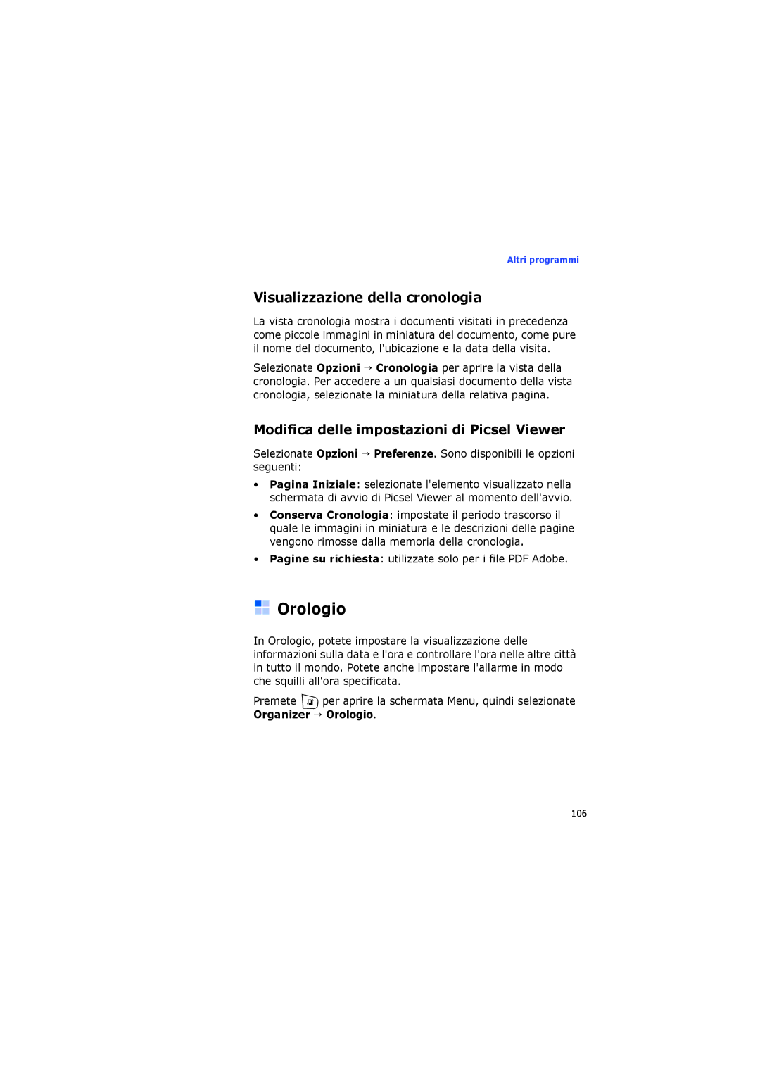 Samsung SGH-I400PRAXET manual Orologio, Visualizzazione della cronologia, Modifica delle impostazioni di Picsel Viewer 