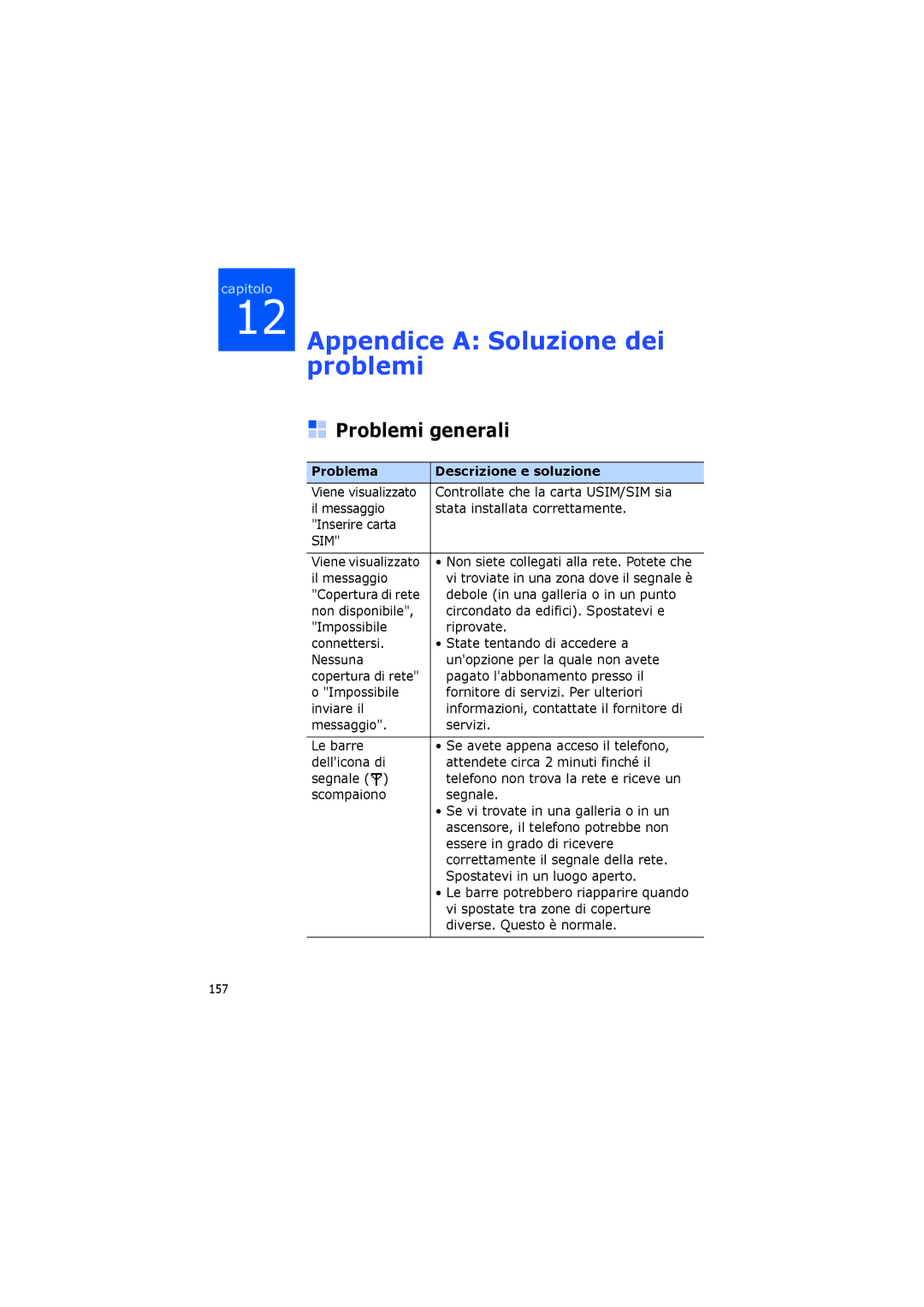 Samsung SGH-I400ZKAXET, SGH-I400PRAXET manual Problemi generali, Problema Descrizione e soluzione 