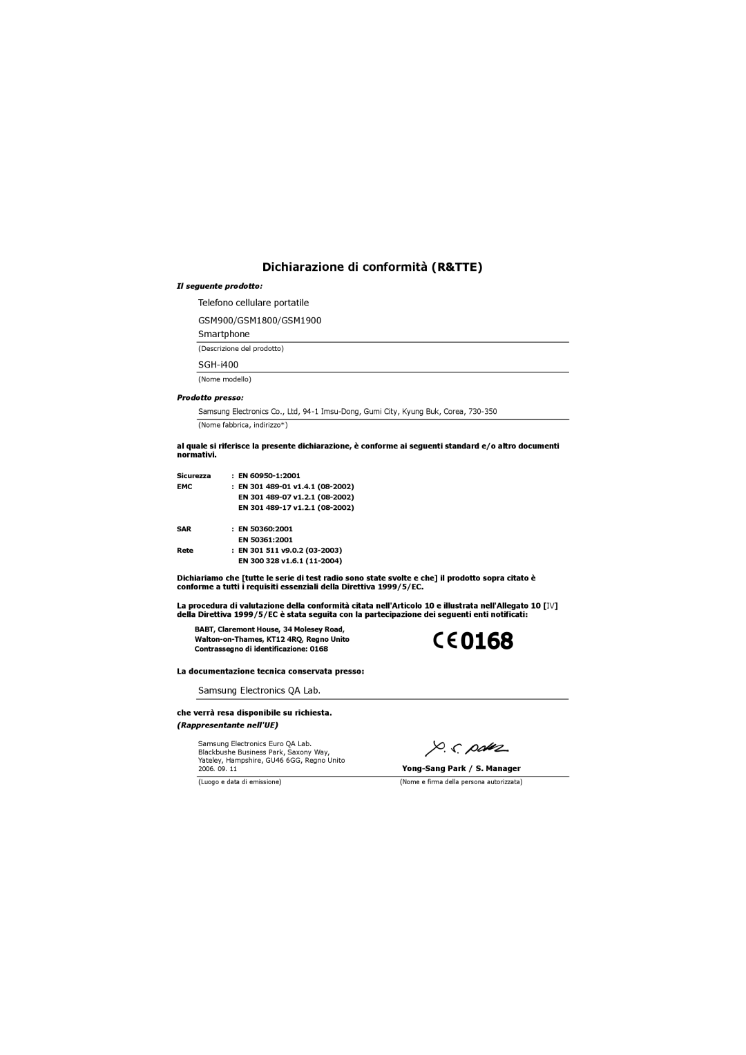 Samsung SGH-I400PRAXET, SGH-I400ZKAXET manual Dichiarazione di conformità R&TTE, SGH-i400 