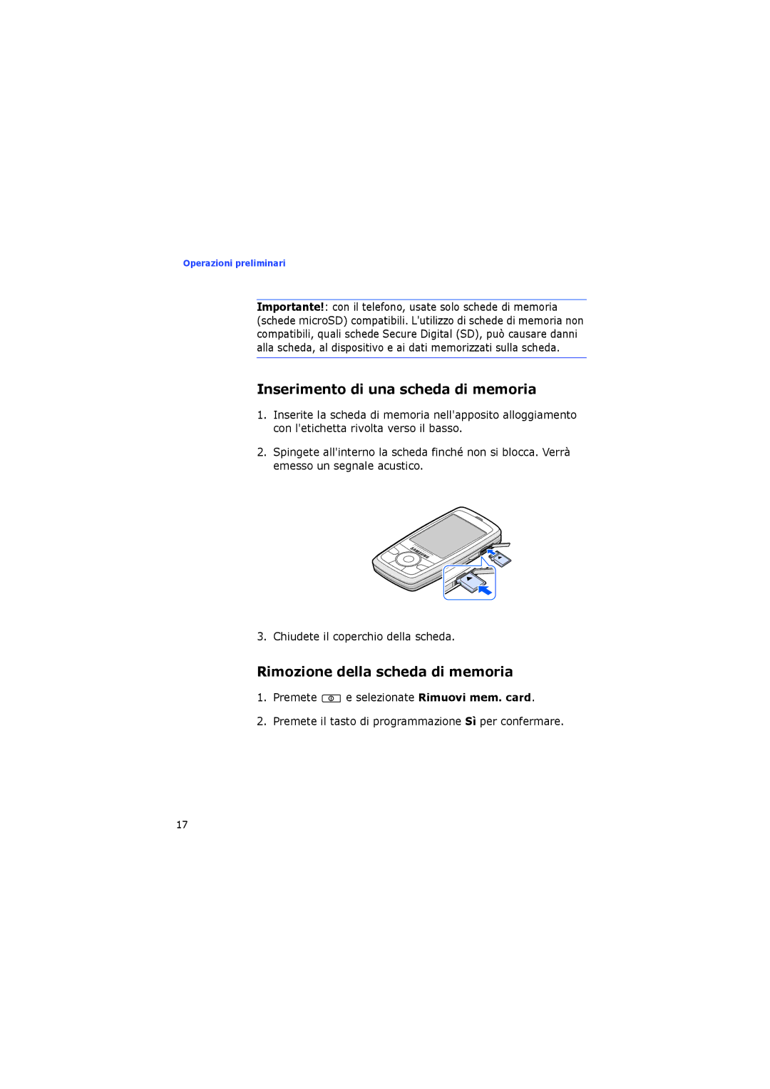 Samsung SGH-I400ZKAXET, SGH-I400PRAXET manual Inserimento di una scheda di memoria, Rimozione della scheda di memoria 