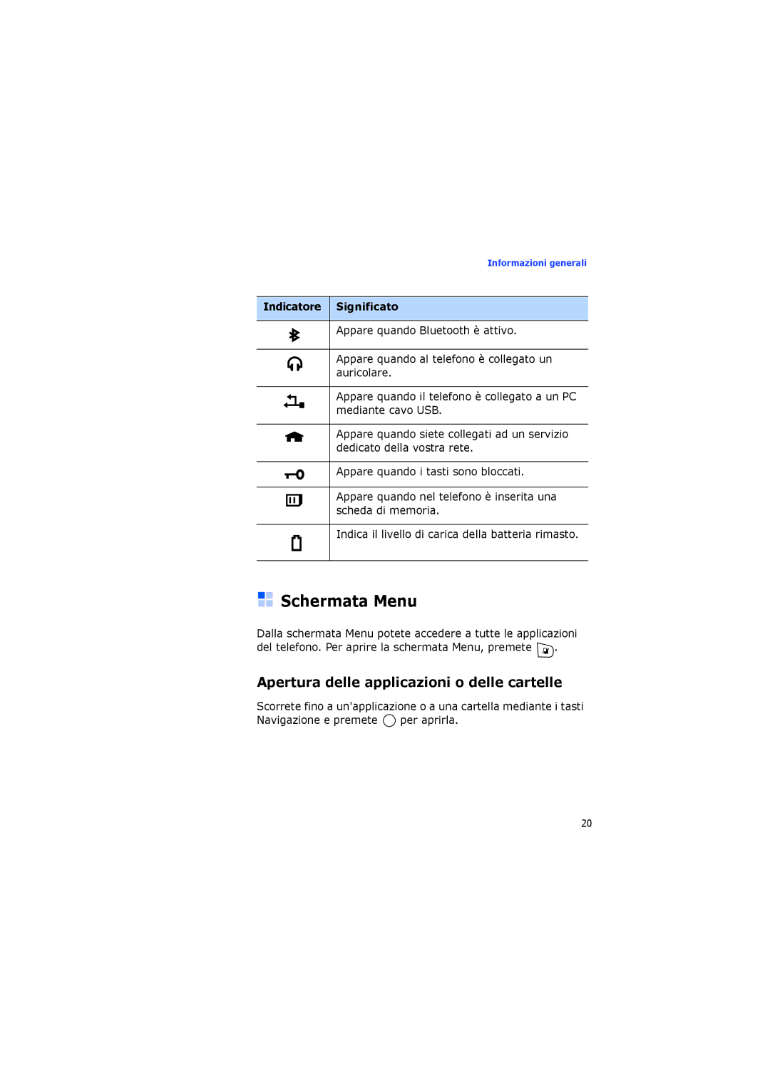 Samsung SGH-I400PRAXET, SGH-I400ZKAXET manual Schermata Menu, Apertura delle applicazioni o delle cartelle 