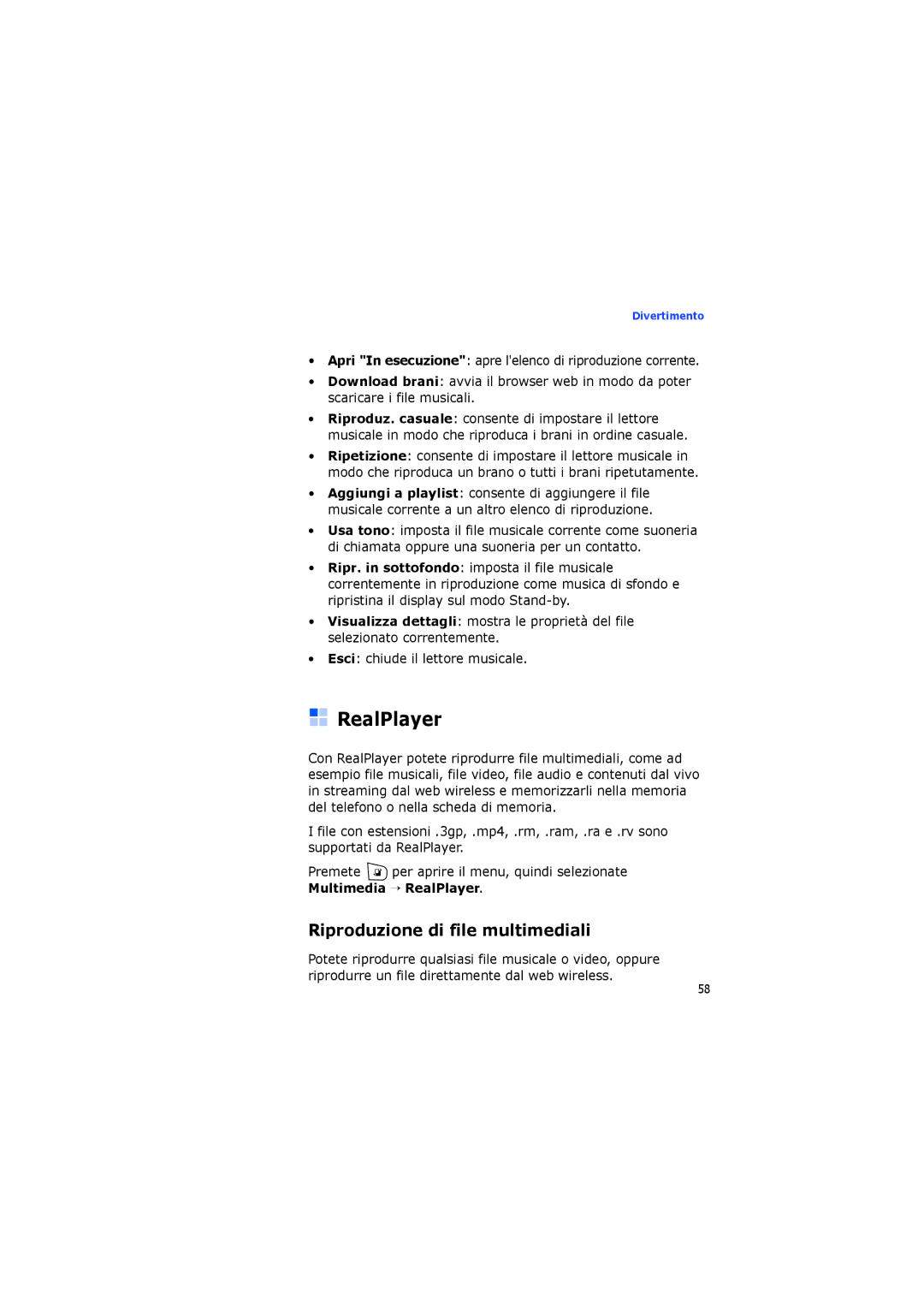 Samsung SGH-I400PRAXET, SGH-I400ZKAXET manual RealPlayer, Riproduzione di file multimediali 