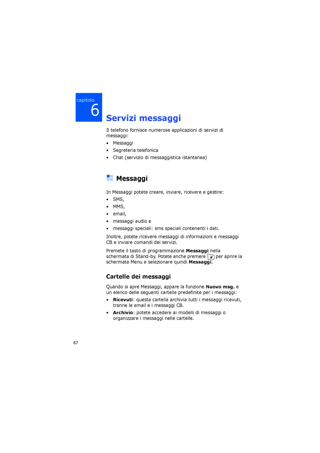 Samsung SGH-I400ZKAXET, SGH-I400PRAXET manual Messaggi, Cartelle dei messaggi 