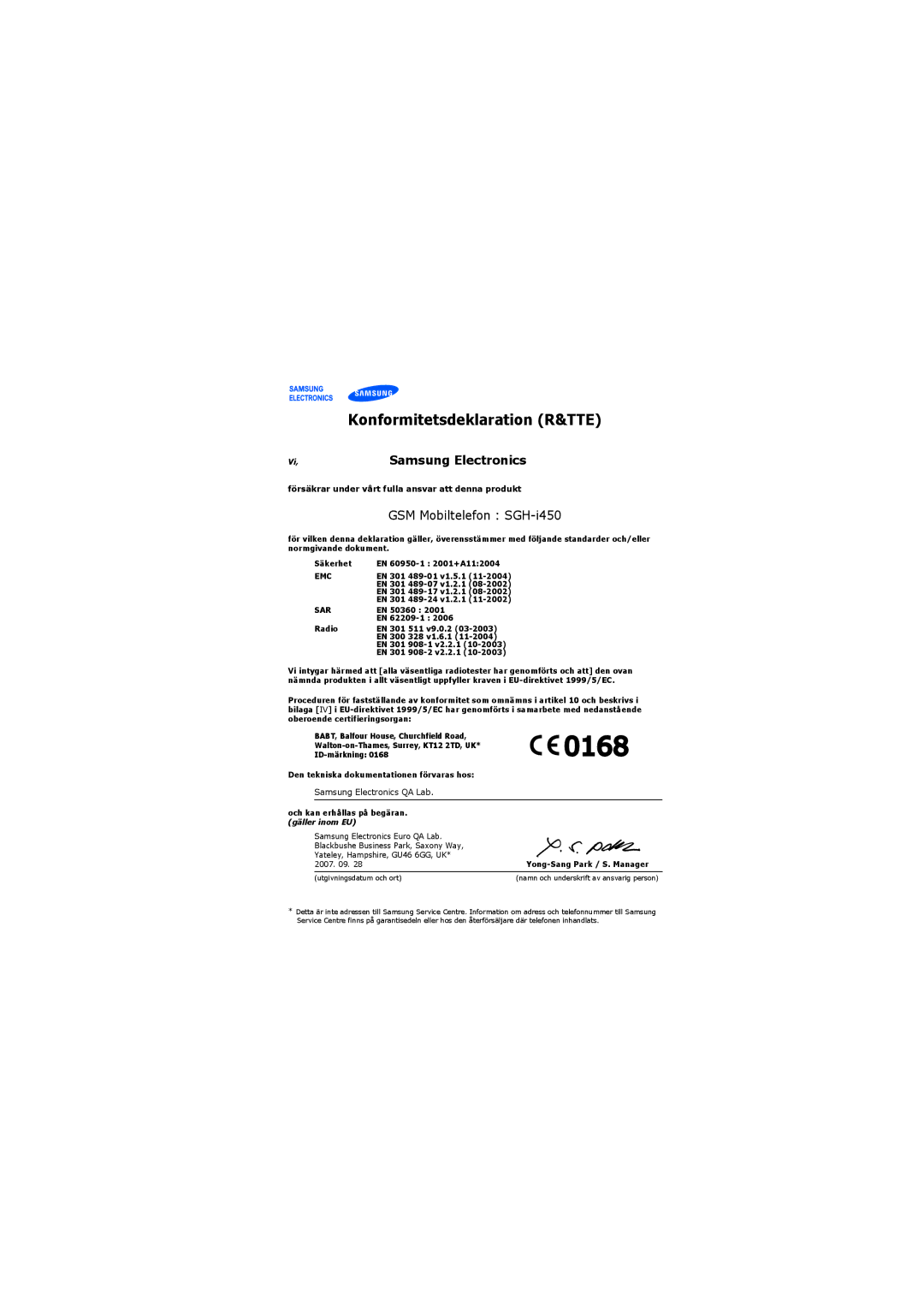 Samsung SGH-I450ABAXEE, SGH-I450ABATDC manual Konformitetsdeklaration R&TTE 