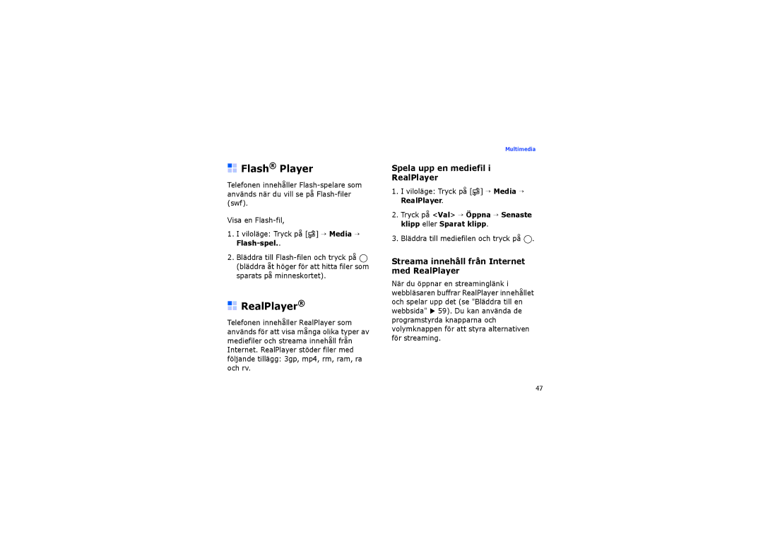 Samsung SGH-I450ABAXEE Flash Player, Spela upp en mediefil RealPlayer, Streama innehåll från Internet med RealPlayer 