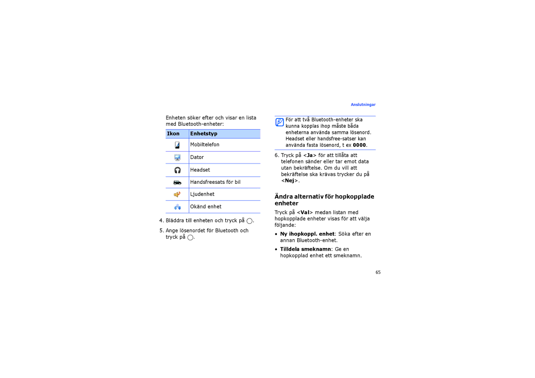 Samsung SGH-I450ABAXEE, SGH-I450ABATDC manual Ändra alternativ för hopkopplade enheter, Ikon Enhetstyp 