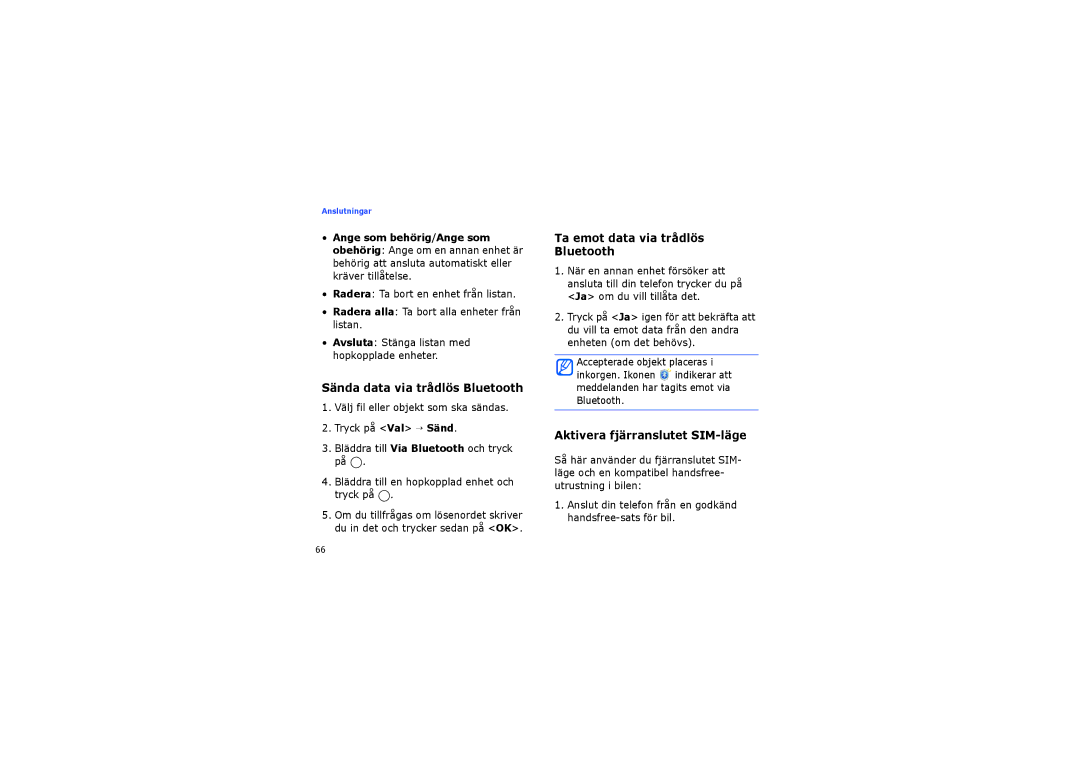 Samsung SGH-I450ABATDC, SGH-I450ABAXEE manual Sända data via trådlös Bluetooth, Ta emot data via trådlös Bluetooth 