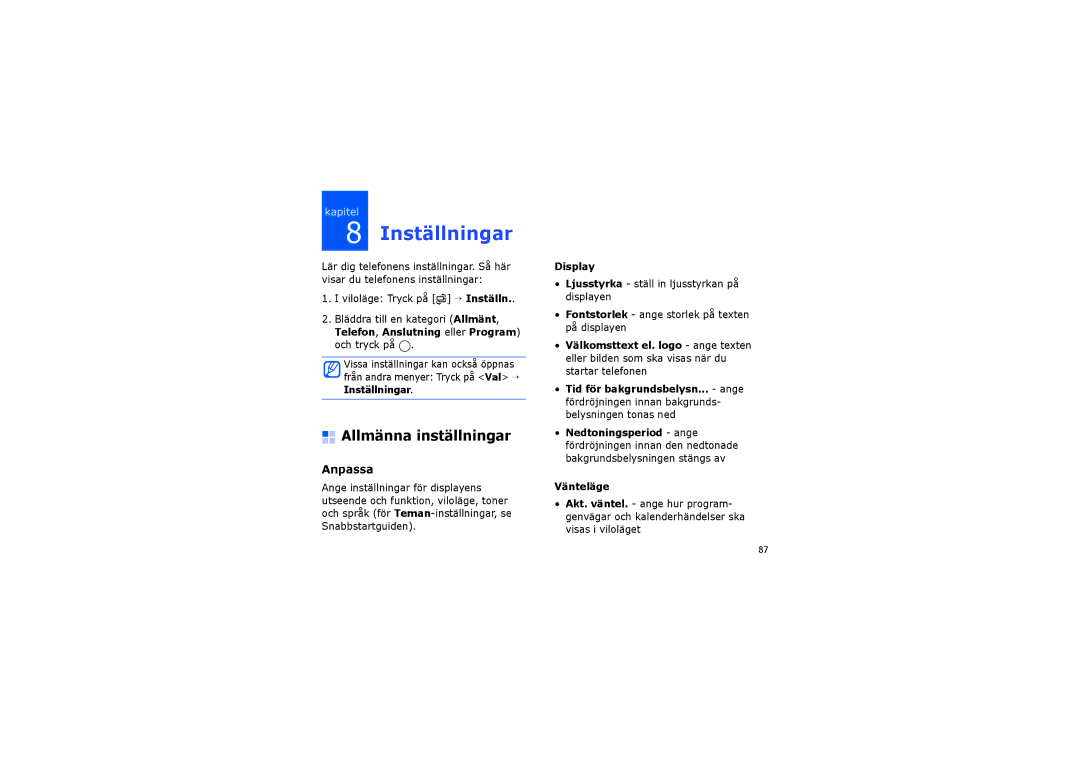 Samsung SGH-I450ABAXEE, SGH-I450ABATDC manual Inställningar, Allmänna inställningar, Anpassa, Display, Vänteläge 