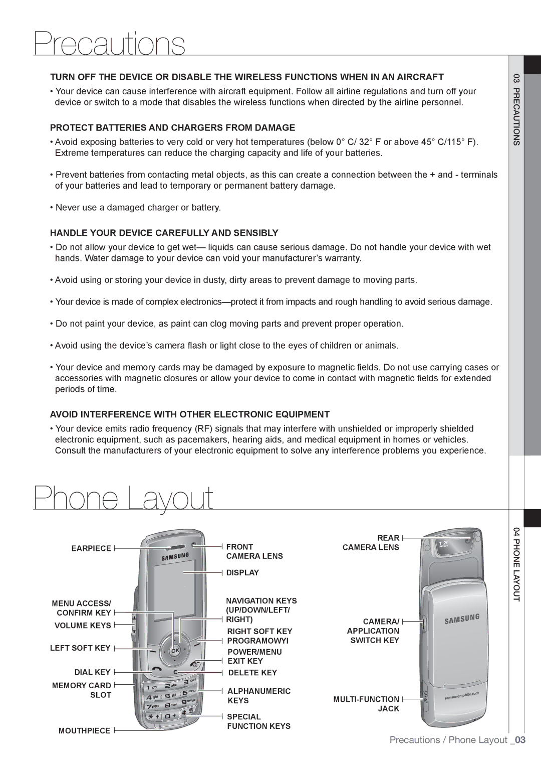 Samsung SGH-I450ABAECT Phone Layout, Protect batteries and chargers from damage, Handle your device carefully and sensibly 