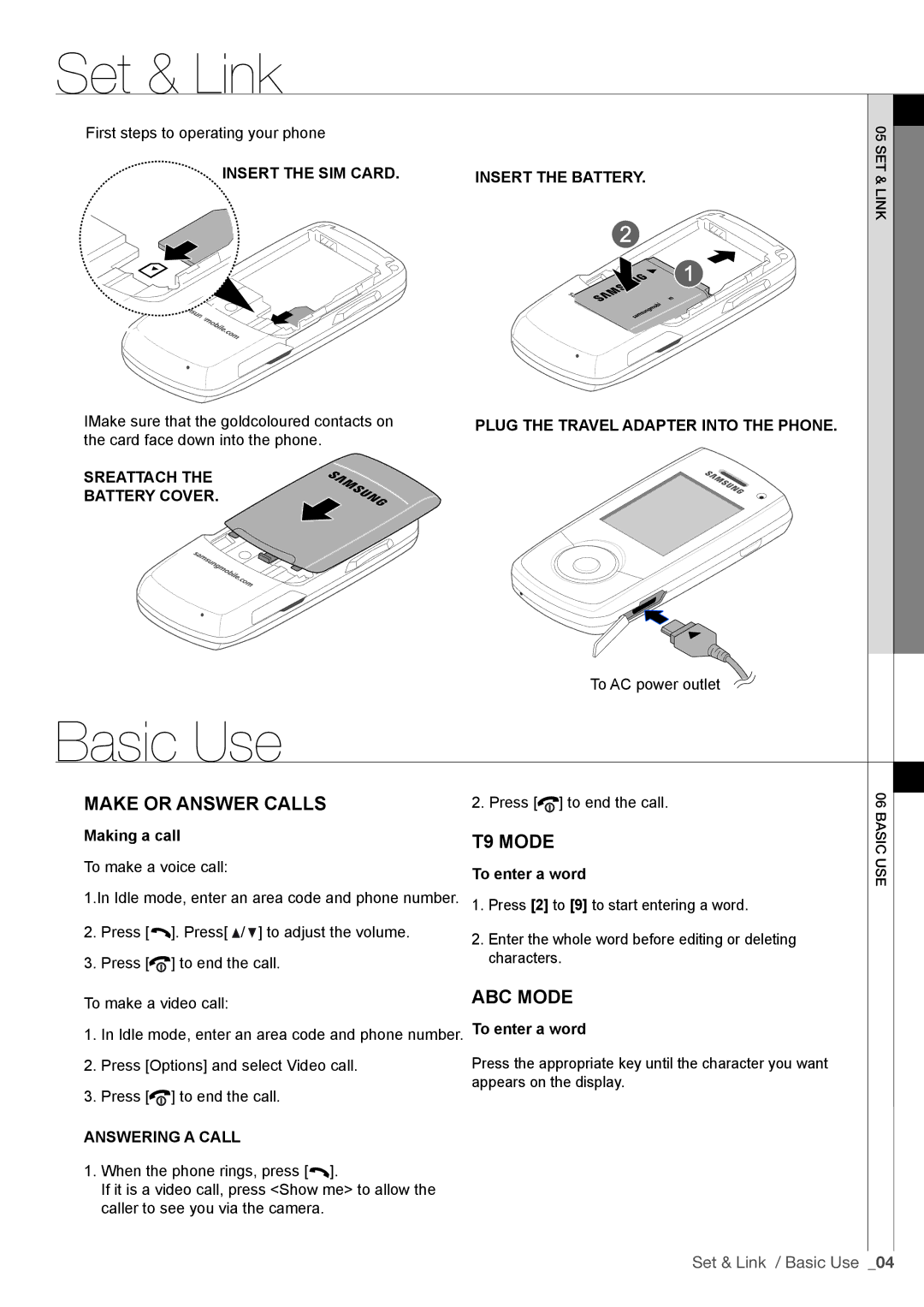 Samsung SGH-I450CRAXSG, SGH-I450CRATIM, SGH-I450HSATIM manual Set & Link, Basic Use, Make or answer calls, T9 mode, ABC mode 