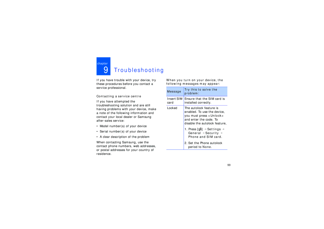 Samsung SGH-I450CRATIM manual Troubleshooting, Contacting a service centre, General → Security →, Phone and SIM card 