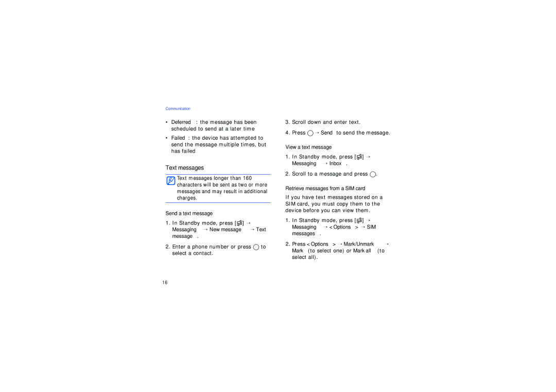Samsung SGH-I450ABATIM manual Text messages, Send a text message, View a text message, Retrieve messages from a SIM card 