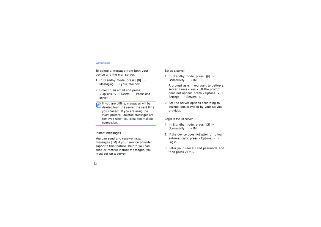 Samsung SGH-I450CRAXSG Instant messages, Options → Delete → Phone and server, Set up a server, Login to the IM server 