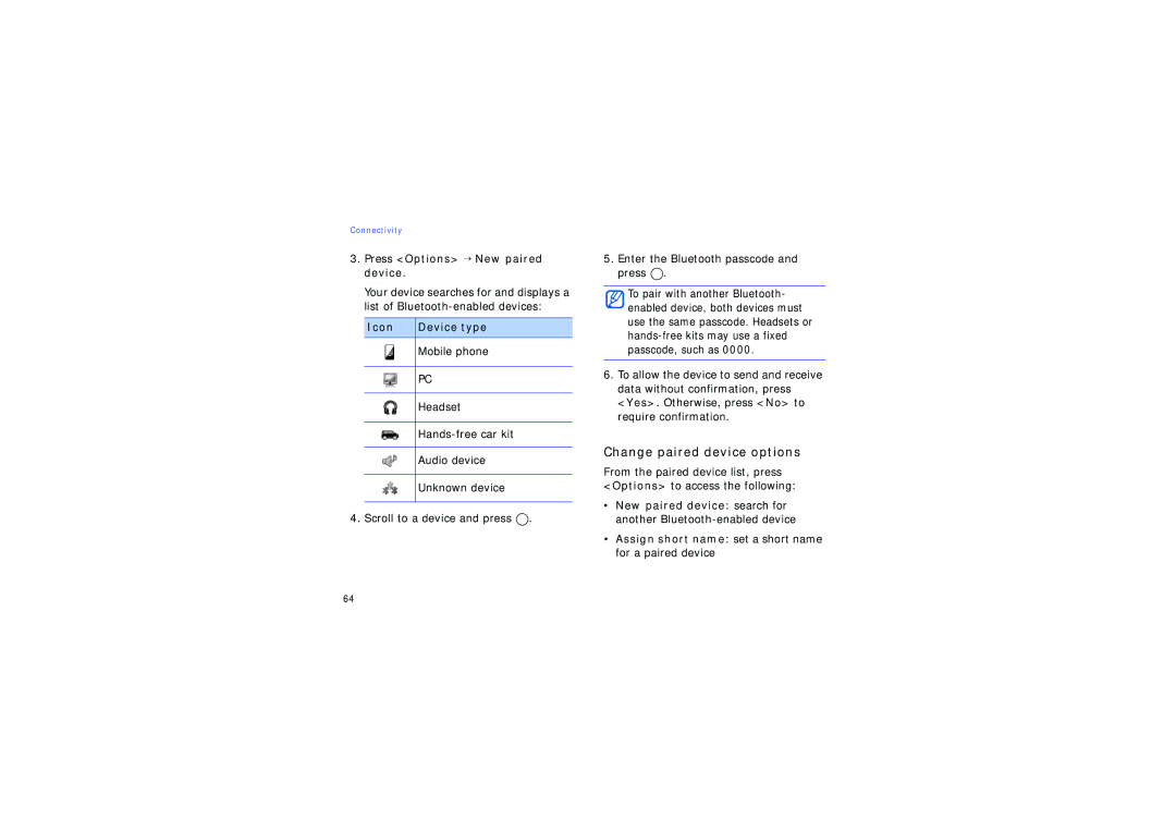 Samsung SGH-I450ABASEB, SGH-I450CRATIM Change paired device options, Press Options → New paired device, Icon Device type 