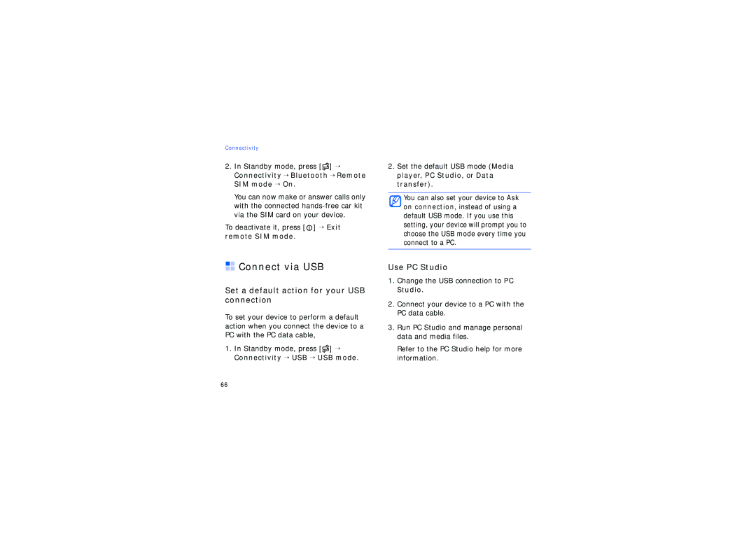 Samsung SGH-I450HSATIM manual Connect via USB, Set a default action for your USB connection, To deactivate it, press → Exit 