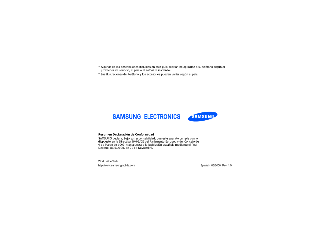 Samsung SGH-I450CBAXEC, SGH-I450HSAXEC, SGH-I450ABAXEC manual Resumen Declaración de Conformidad 