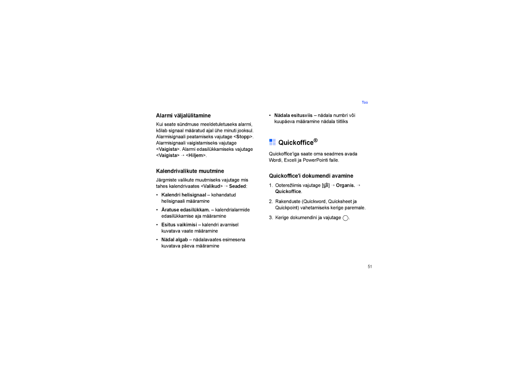Samsung SGH-I450ABASEB manual Alarmi väljalülitamine, Kalendrivalikute muutmine, Quickofficei dokumendi avamine 