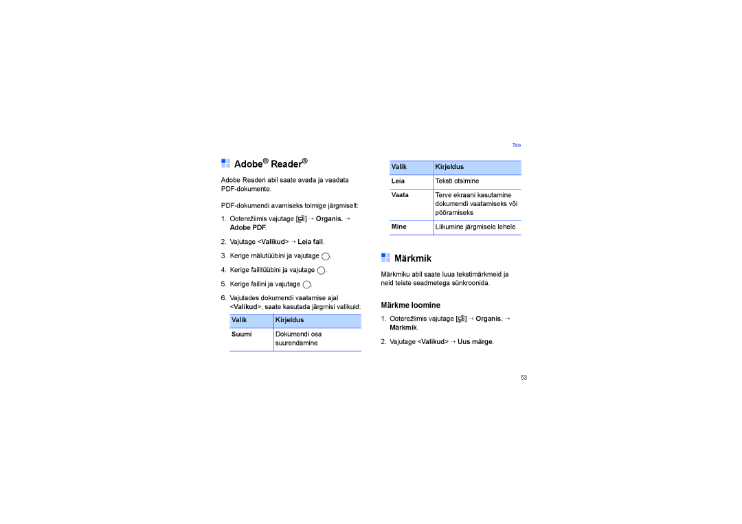 Samsung SGH-I450ABASEB, SGH-I450OKASEB manual Adobe Reader, Märkmik, Märkme loomine, Vajutage Valikud → Leia fail 