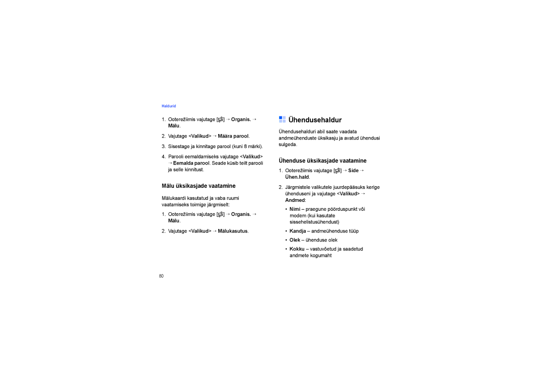 Samsung SGH-I450OKASEB, SGH-I450ABASEB manual Ühendusehaldur, Mälu üksikasjade vaatamine, Ühenduse üksikasjade vaatamine 