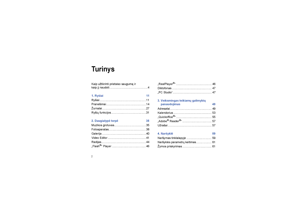 Samsung SGH-I450OKASEB, SGH-I450ABASEB manual Turinys 