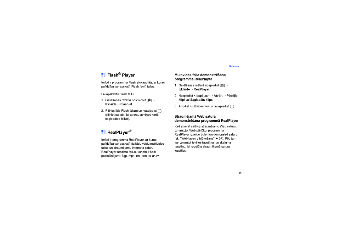 Samsung SGH-I450ABASEB, SGH-I450OKASEB manual Flash Player, Straumējamā Web satura Demonstrēšana programmā RealPlayer 