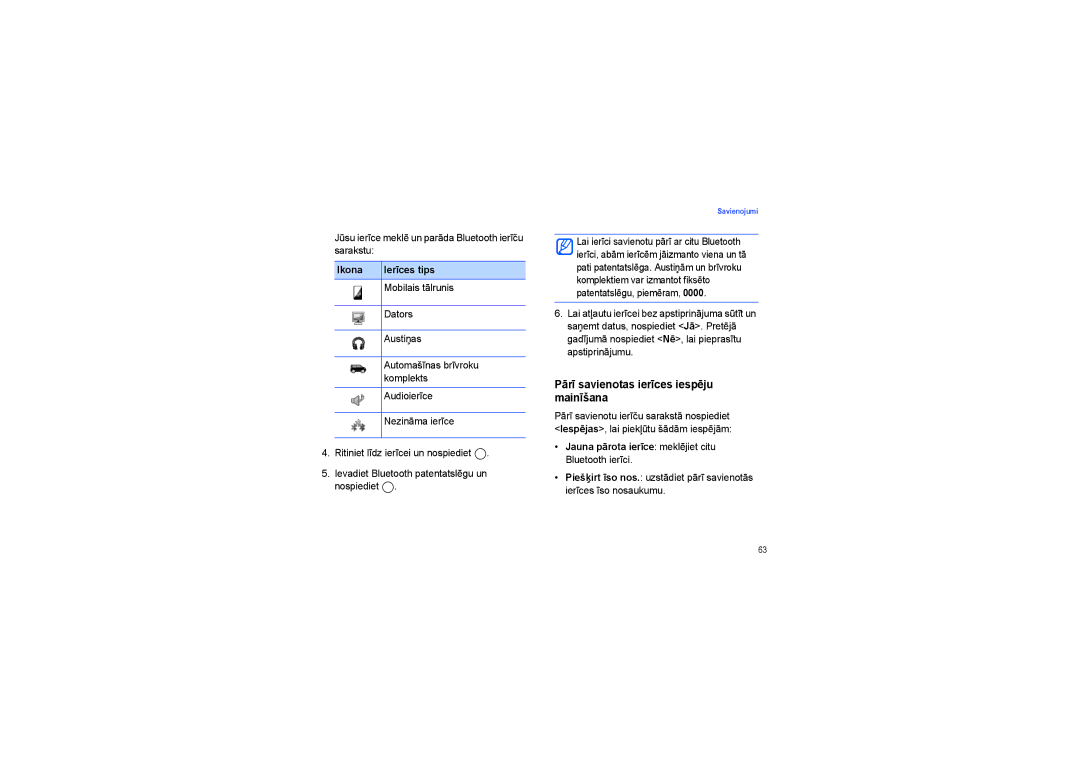 Samsung SGH-I450ABASEB, SGH-I450OKASEB manual Pārī savienotas ierīces iespēju mainīšana, Ikona Ierīces tips 