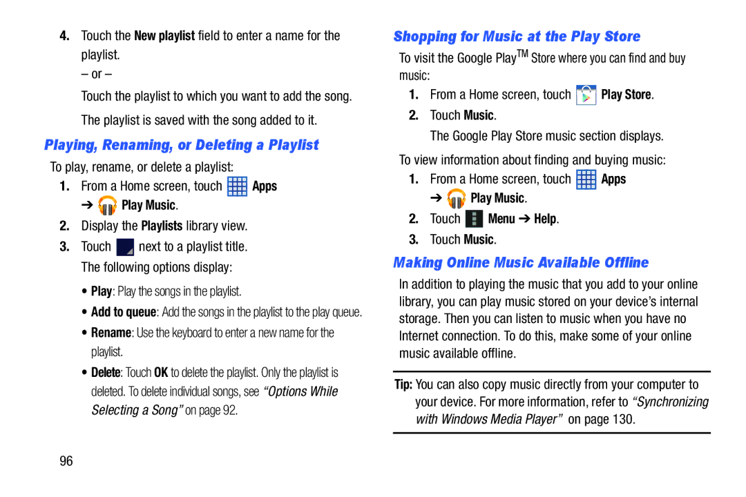 Samsung SGH-I497ZSAATT user manual Playing, Renaming, or Deleting a Playlist, Shopping for Music at the Play Store 