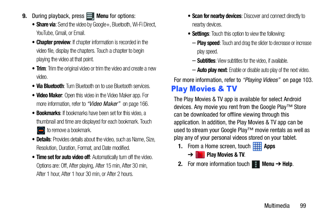 Samsung SGH-I497ZSAATT user manual Play Movies & TV, During playback, press Menu for options 