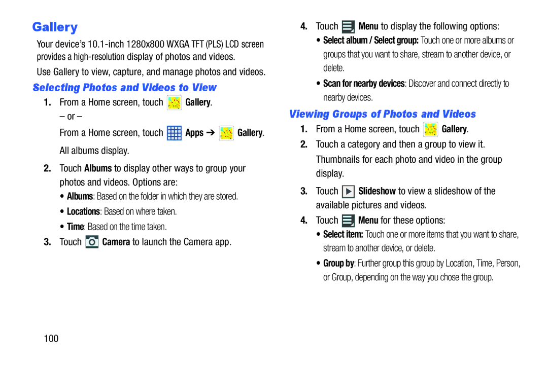 Samsung SGH-I497ZSAATT user manual Gallery, Selecting Photos and Videos to View, Viewing Groups of Photos and Videos, 100 