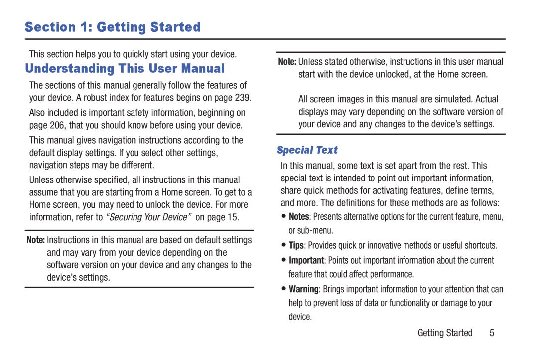 Samsung SGH-I497ZSAATT user manual Special Text, This section helps you to quickly start using your device 