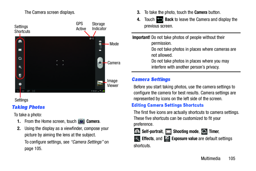 Samsung SGH-I497ZSAATT user manual Taking Photos, Camera screen displays, Editing Camera Settings Shortcuts 