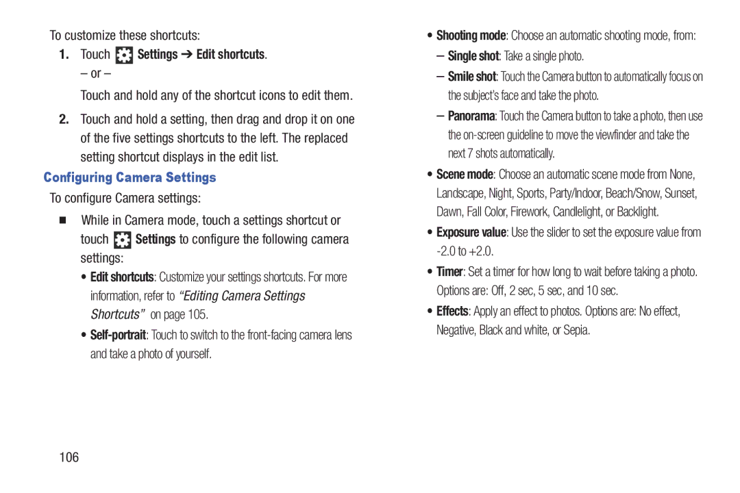 Samsung SGH-I497ZSAATT user manual Touch Settings Edit shortcuts, Configuring Camera Settings 