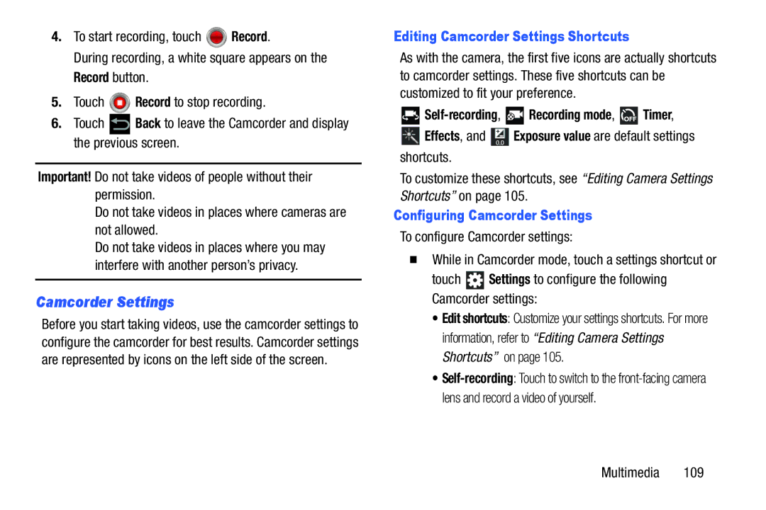 Samsung SGH-I497ZSAATT user manual Editing Camcorder Settings Shortcuts, Shortcuts on, Configuring Camcorder Settings 