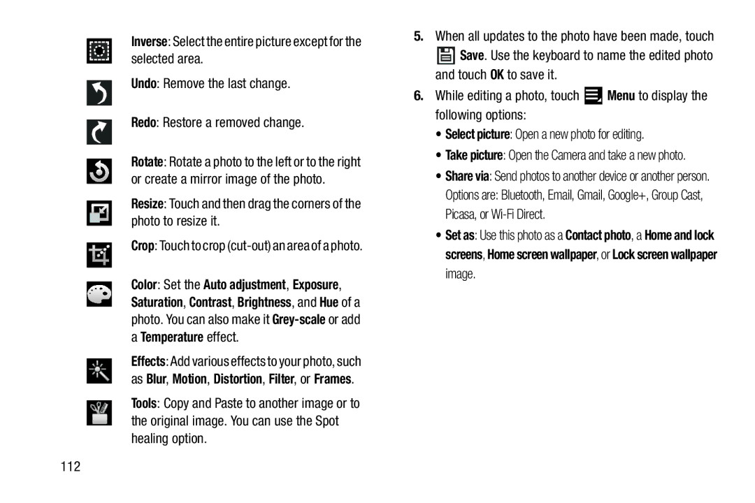 Samsung SGH-I497ZSAATT user manual 112, Crop Touch to crop cut-out an area of a photo 