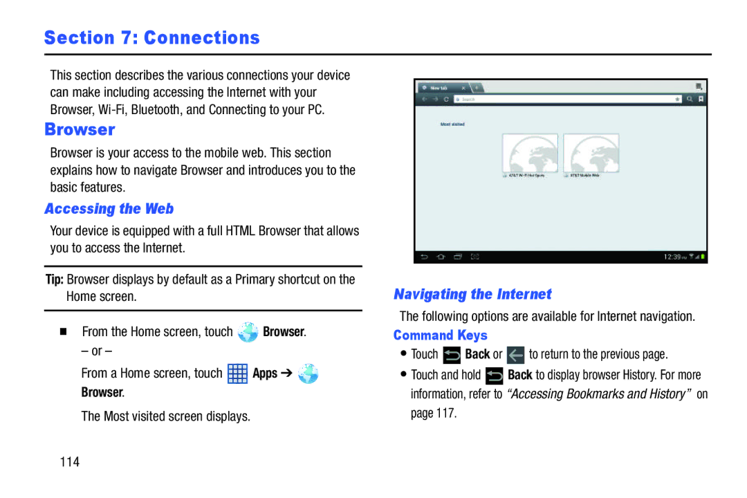 Samsung SGH-I497ZSAATT user manual Browser, Accessing the Web, Navigating the Internet, Command Keys 