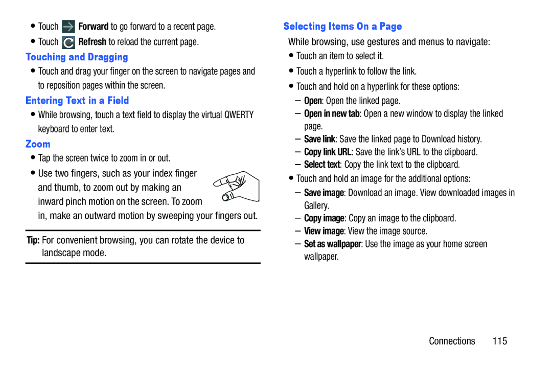 Samsung SGH-I497ZSAATT user manual Touching and Dragging, Entering Text in a Field, Zoom, Selecting Items On a 