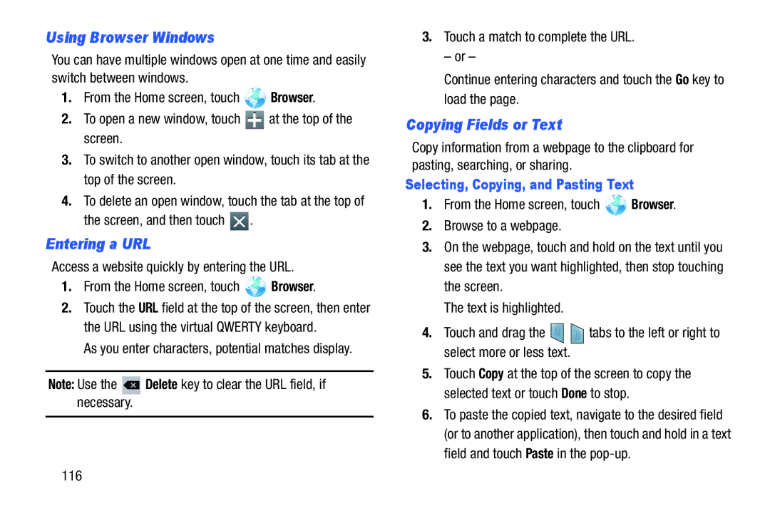 Samsung SGH-I497ZSAATT Using Browser Windows, Entering a URL, Copying Fields or Text, Selecting, Copying, and Pasting Text 
