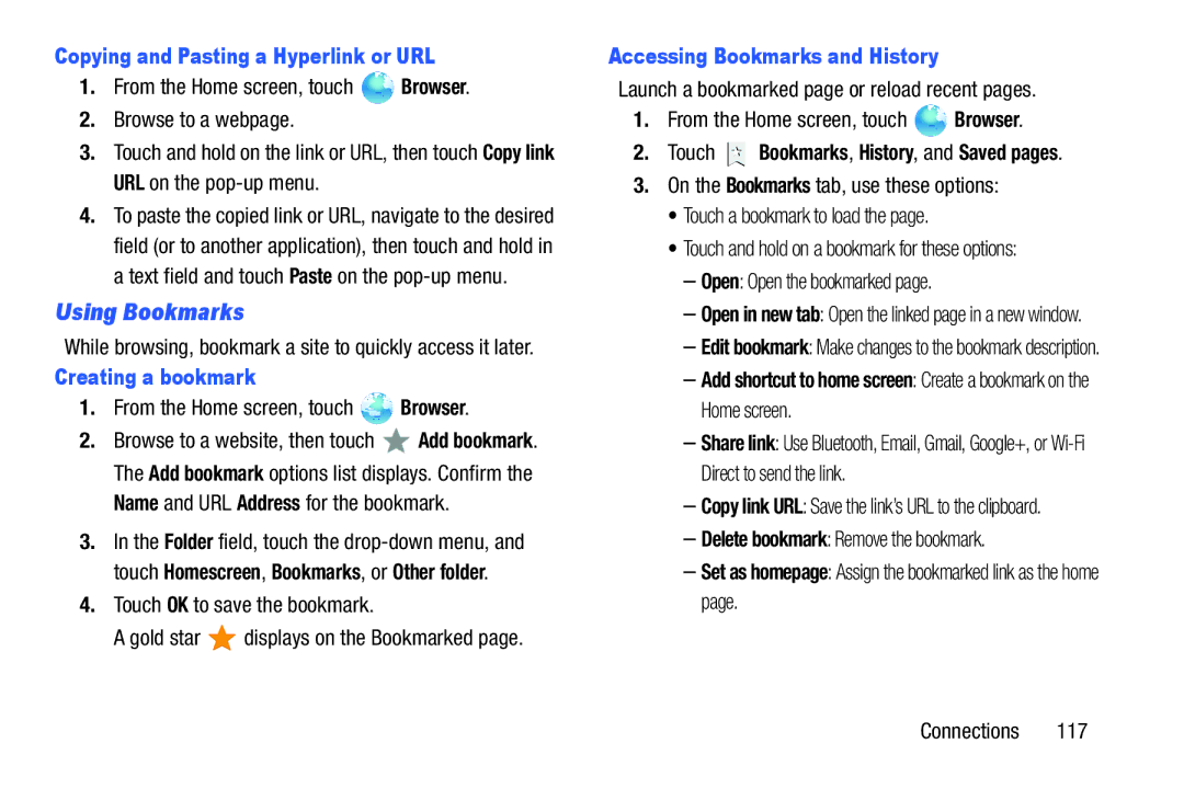 Samsung SGH-I497ZSAATT user manual Using Bookmarks, Copying and Pasting a Hyperlink or URL, Creating a bookmark 