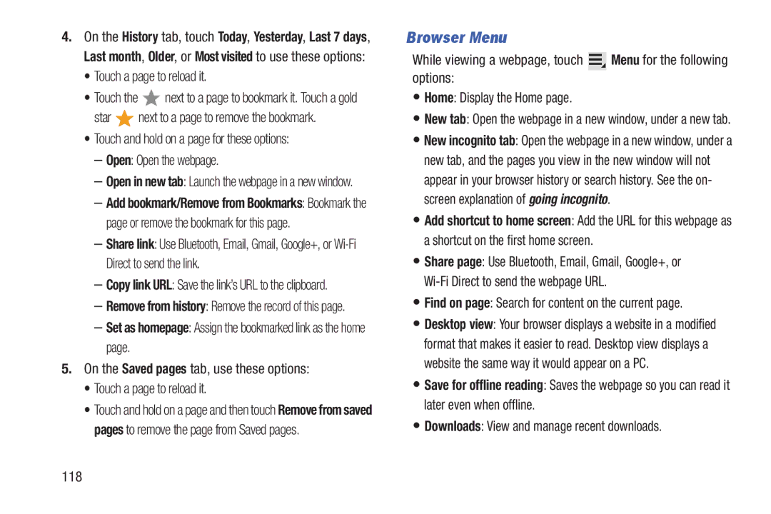Samsung SGH-I497ZSAATT user manual Browser Menu, Touch a page to reload it, Downloads View and manage recent downloads 118 