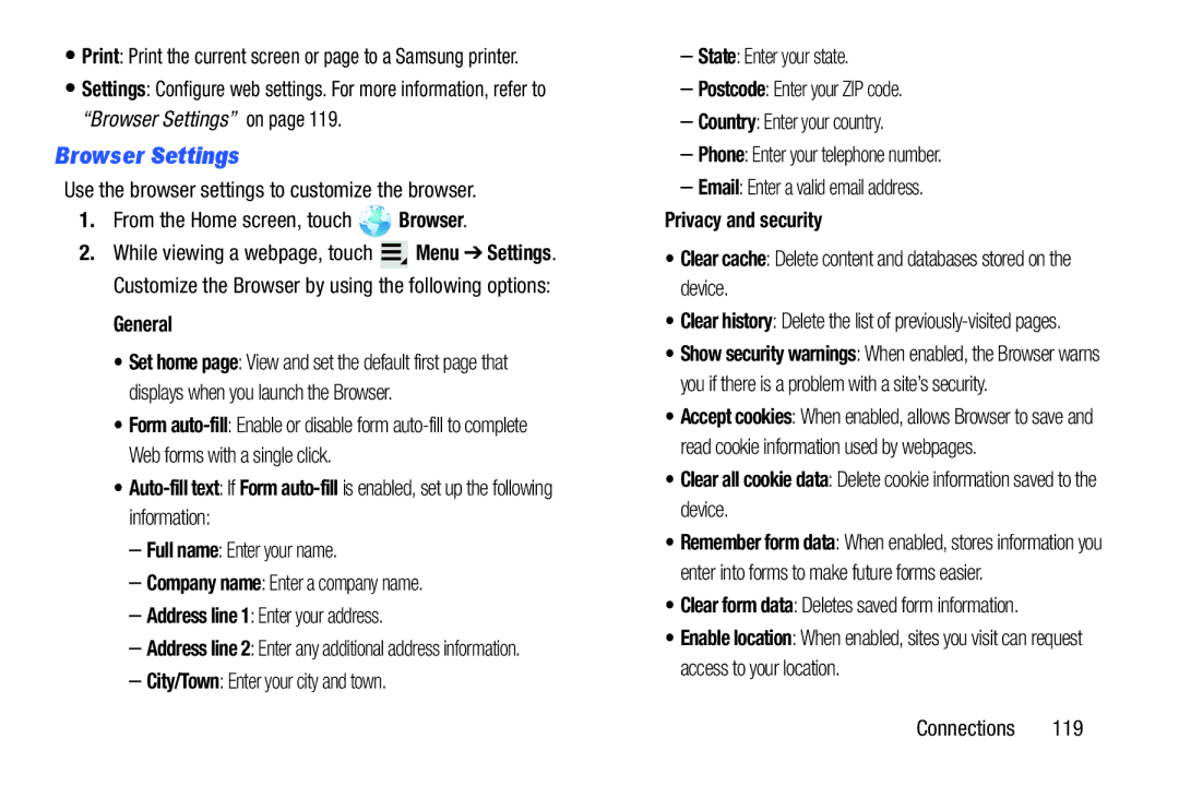 Samsung SGH-I497ZSAATT Browser Settings, General, Privacy and security, Clear form data Deletes saved form information 