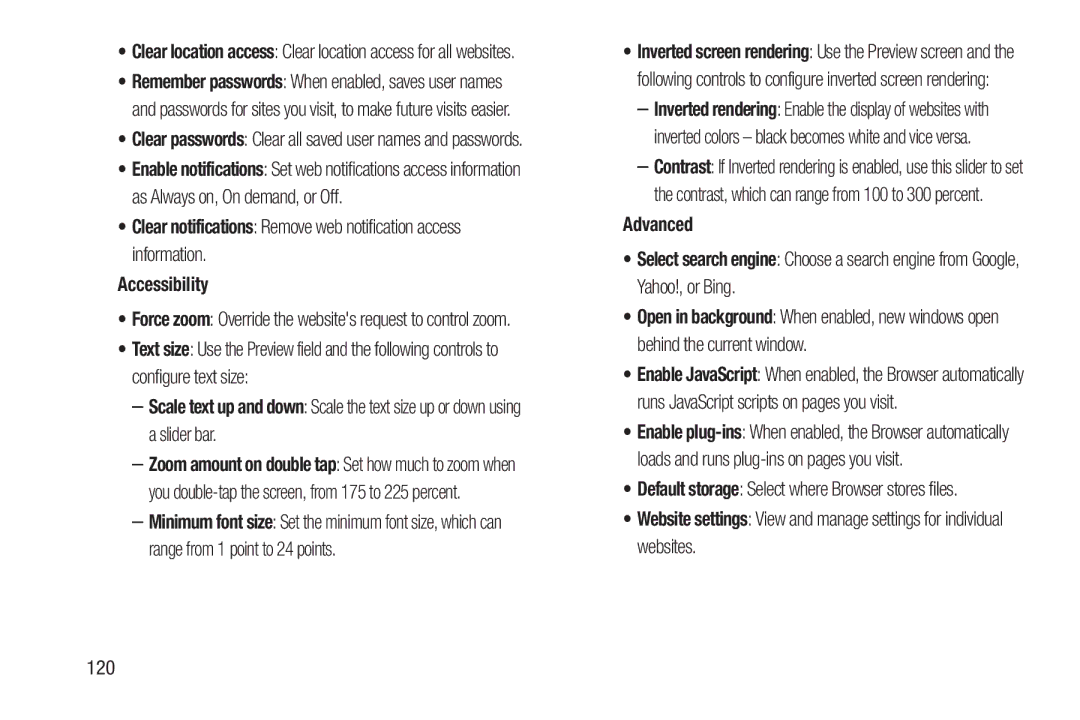 Samsung SGH-I497ZSAATT user manual Default storage Select where Browser stores files 