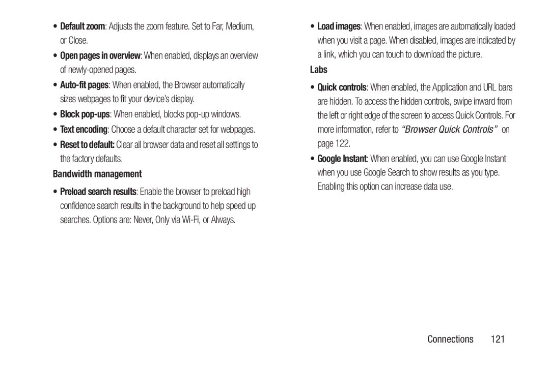 Samsung SGH-I497ZSAATT user manual Bandwidth management, Labs, Block pop-ups When enabled, blocks pop-up windows 