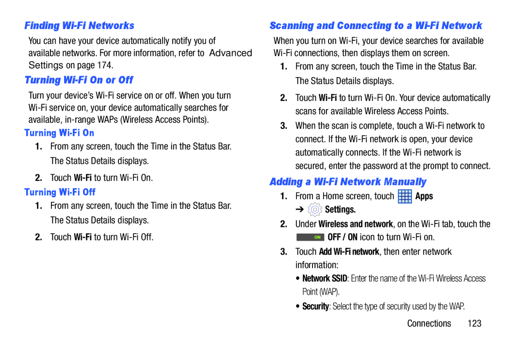 Samsung SGH-I497ZSAATT Finding Wi-Fi Networks, Turning Wi-Fi On or Off, Adding a Wi-Fi Network Manually, Turning Wi-Fi Off 