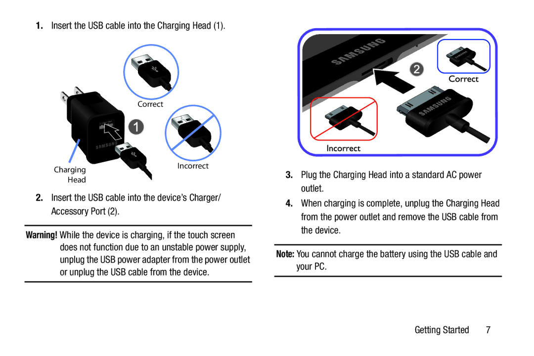 Samsung SGH-I497ZSAATT user manual Insert the USB cable into the Charging Head, Correct 