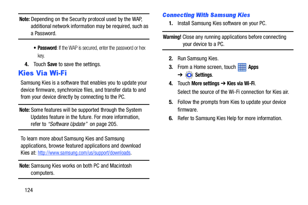 Samsung SGH-I497ZSAATT Kies Via Wi-Fi, Connecting With Samsung Kies, Settings Touch More settings Kies via Wi-Fi 