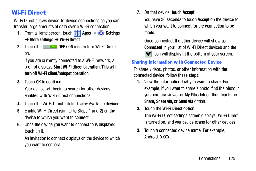 Samsung SGH-I497ZSAATT user manual More settings Wi-Fi Direct, Sharing Information with Connected Device 