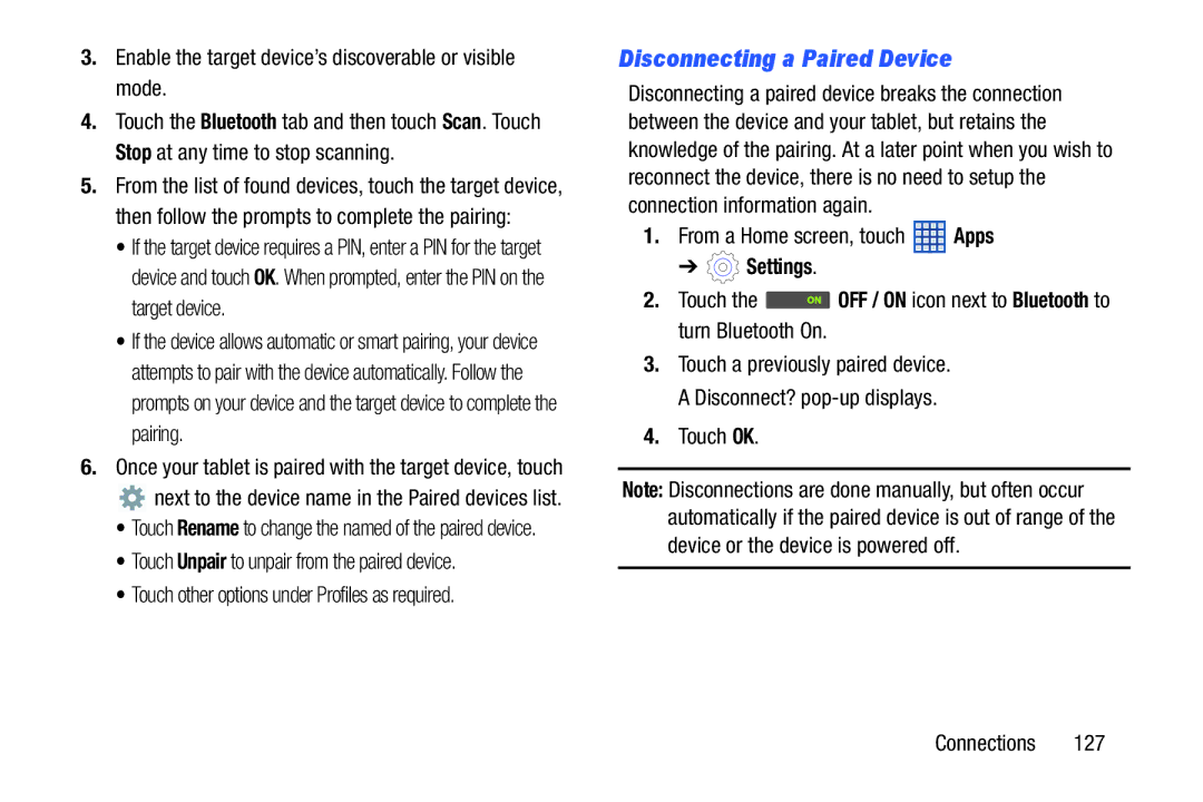 Samsung SGH-I497ZSAATT user manual Disconnecting a Paired Device, Enable the target device’s discoverable or visible mode 