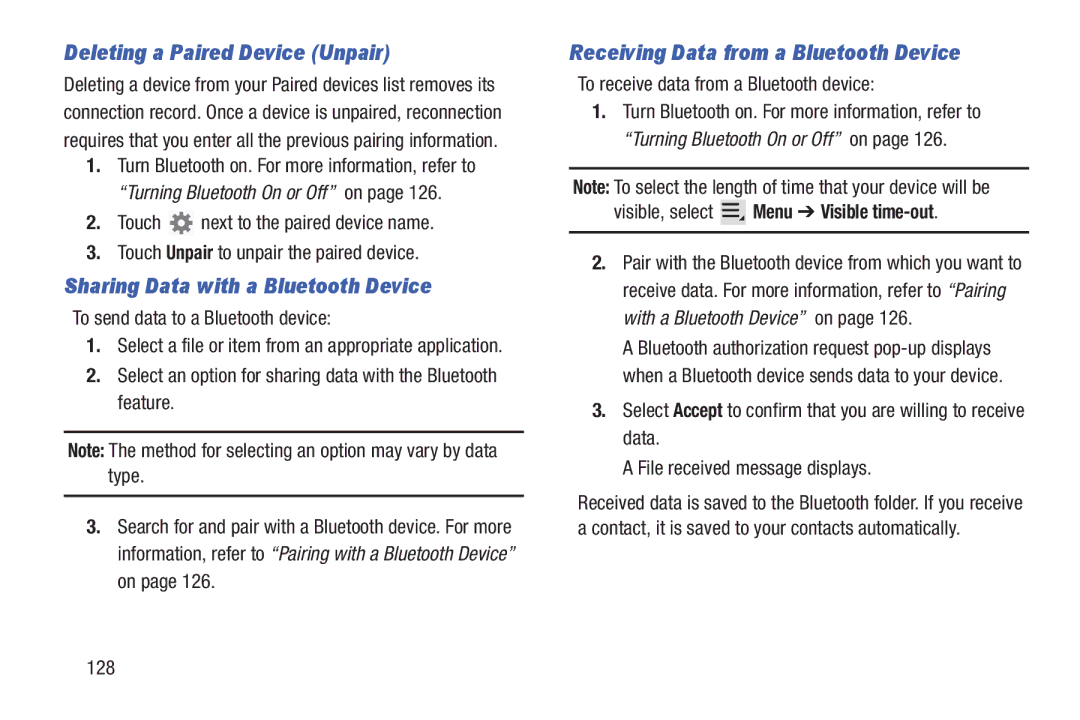 Samsung SGH-I497ZSAATT user manual Deleting a Paired Device Unpair, Sharing Data with a Bluetooth Device 